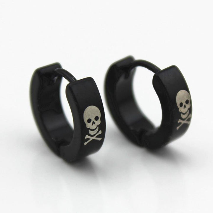 Metal Hoop Earrings w/Skulls & Crossbones, 1.9 x 0.6 in, Black/White