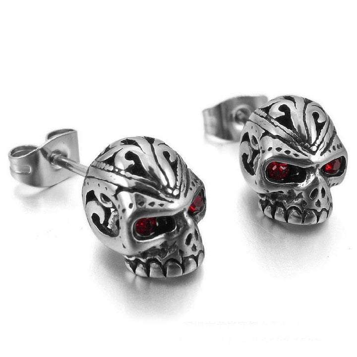 Red Eye Skull Stud Earrings for Men & Women, Stainless Steel/Crystal,  0.4 x 0.3 in