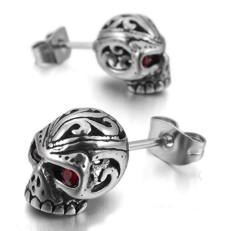 Red Eye Skull Stud Earrings for Men & Women, Stainless Steel/Crystal,  0.4 x 0.3 in - American Legend Rider