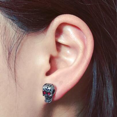 Red Eye Skull Stud Earrings for Men & Women, Stainless Steel/Crystal,  0.4 x 0.3 in - American Legend Rider