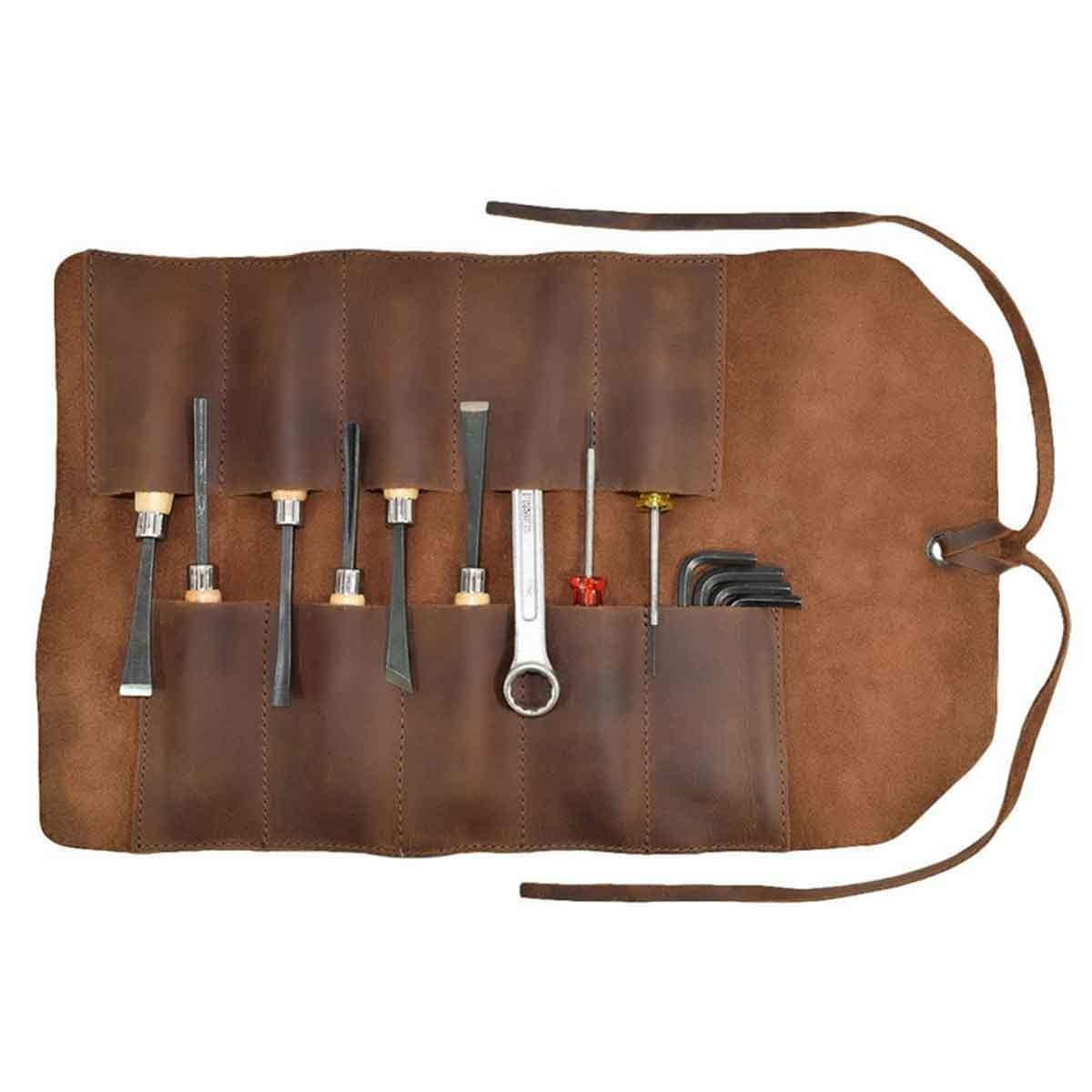Handmade Roll Up Leather Tool Bag, 10 Slots, Brown - American Legend Rider