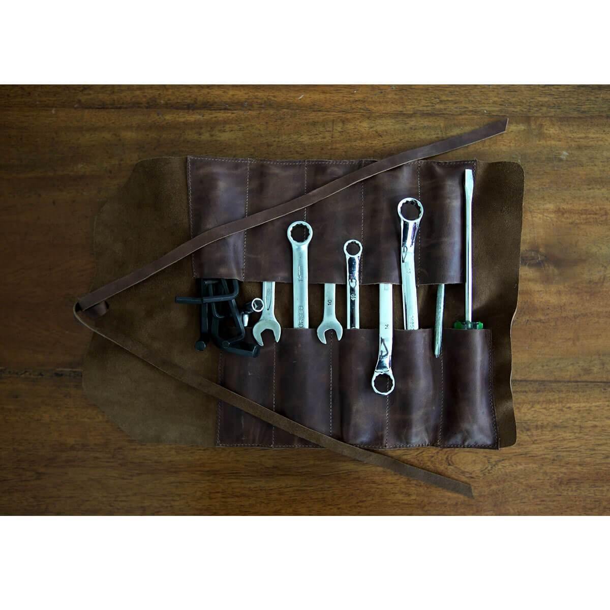 Handmade Roll Up Leather Tool Bag, 10 Slots, Brown - American Legend Rider