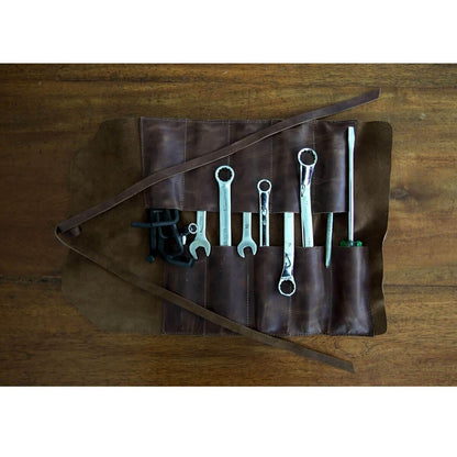 Handmade Roll Up Leather Tool Bag, 10 Slots, Brown - American Legend Rider