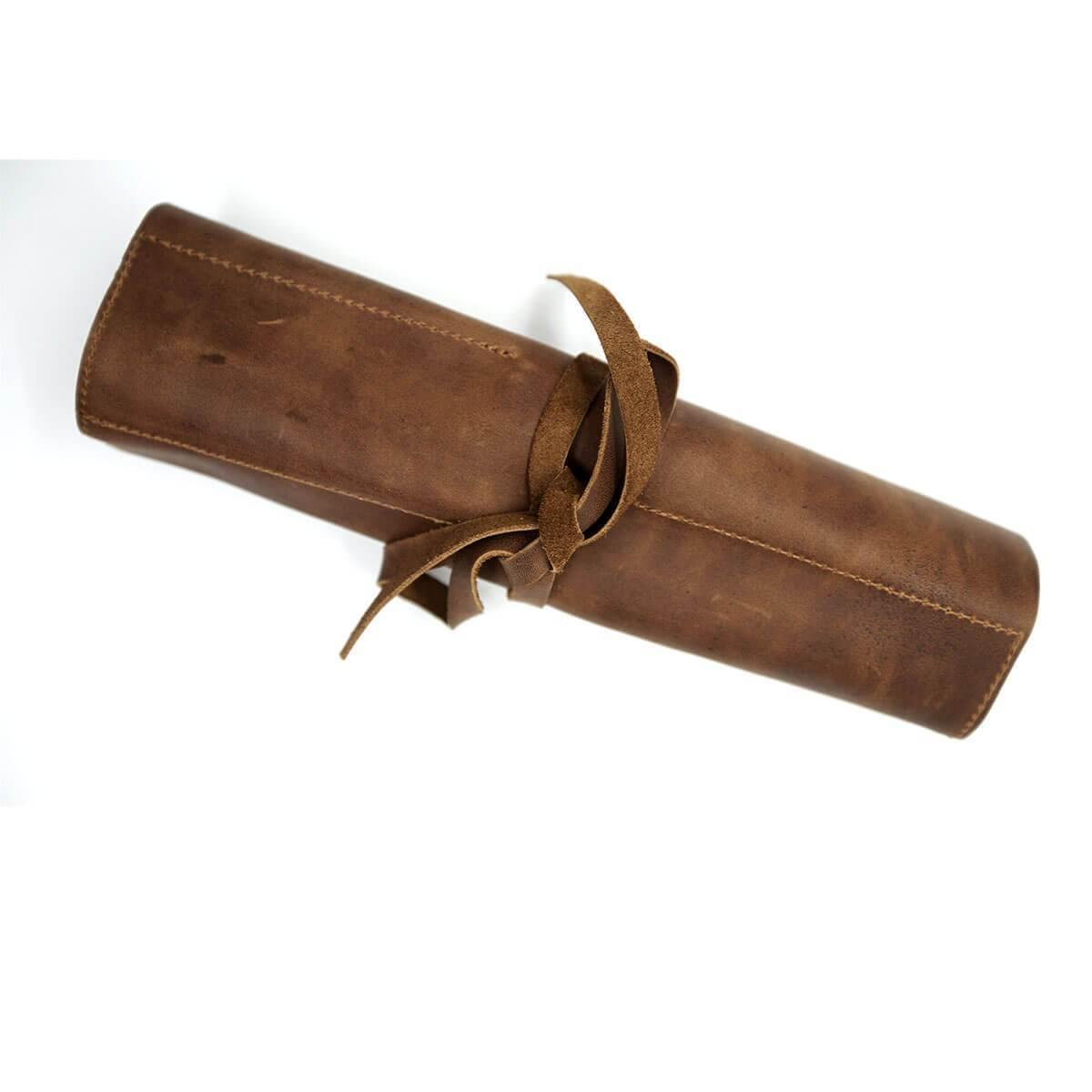 Handmade Roll Up Leather Tool Bag, 10 Slots, Brown - American Legend Rider