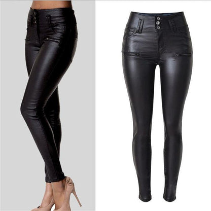 Women's Elegant Skinny Black PU Leather Pants w/ High Waist - American Legend Rider