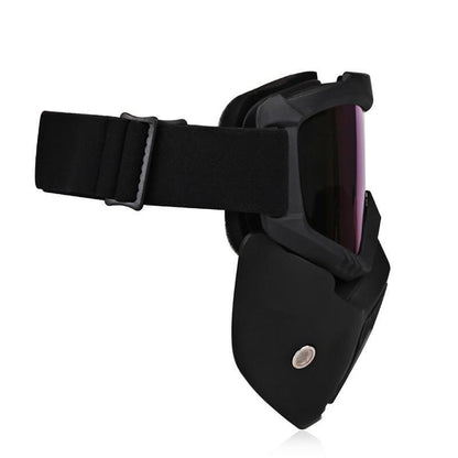 Side view of the black Motorcycle Goggles Mask made of TPEE/Polycarbonate, featuring UV protection, an adjustable strap, and a detachable face shield.