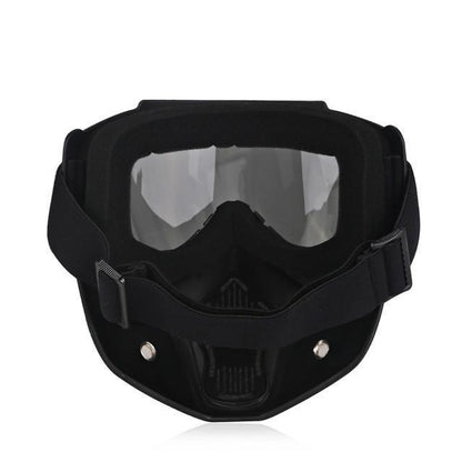 Motorcycle Goggles Mask featuring a black frame made from TPEE/Polycarbonate, includes a protective face mask with clear, antifog goggles and an adjustable strap for UV protection and enhanced safety.