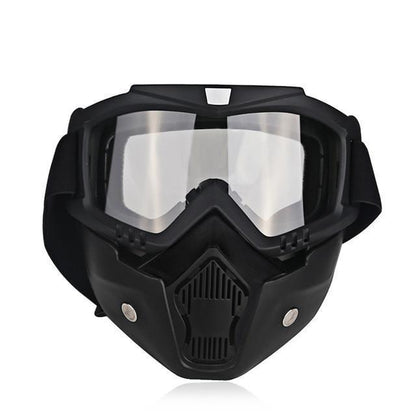 A black Motorcycle Goggles Mask with tinted, antifog lenses and ventilation openings, crafted from TPEE/Polycarbonate for UV protection and face safety.