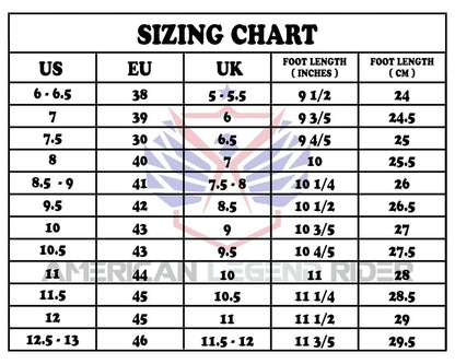 The size chart for Handmade Leather Skull Boots.