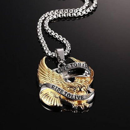 A Bikers Live To Ride, Ride To Live Necklace with an eagle pendant on it.