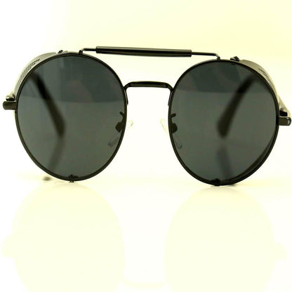 Bikers Retro Round Steampunk Sunglasses w/ Side Shields, Photochromic & Anti-Reflective Lenses, Alloy/Acrylic - American Legend Rider