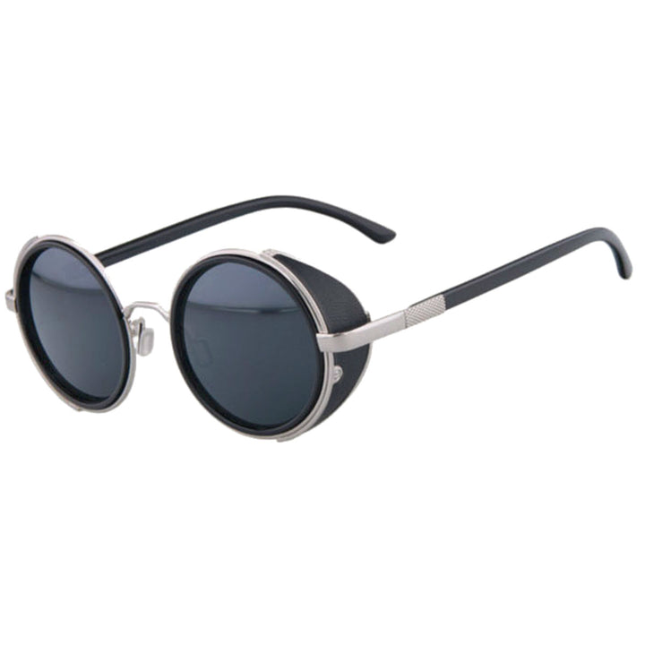Motorcycle Vintage Round Sunglasses w/ UV 400 Protection, Silver/Black