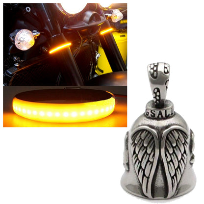 The Motorcycle Fork-Mounted LED Turn Signal Light with Wings Gremlin Bell enhances style and safety; its moto LED lights add a pop to your ride, ensuring improved visibility on every adventure.