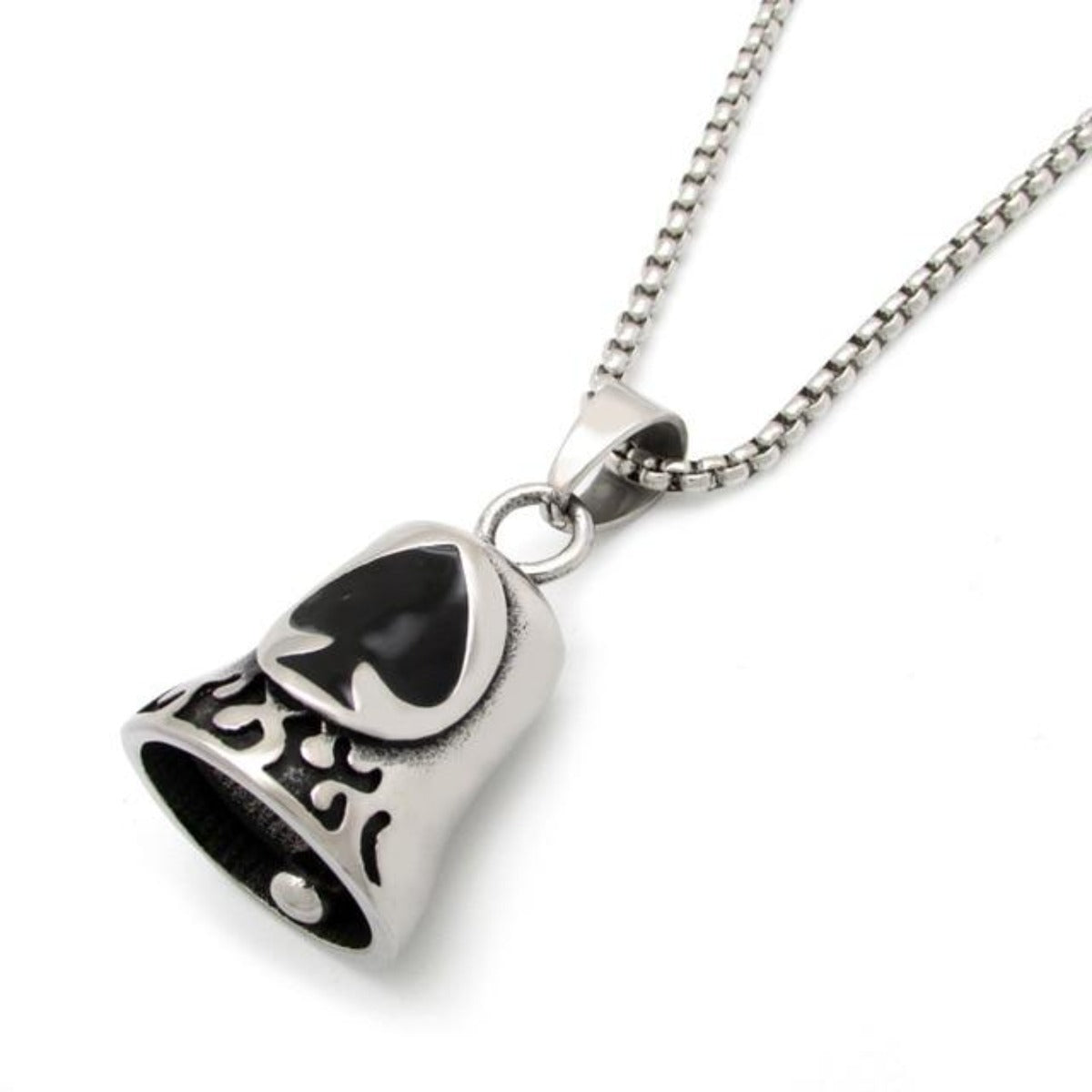 A Stainless Steel Biker Spade Gremlin Bell pendant with a black stone, perfect for the biker community.